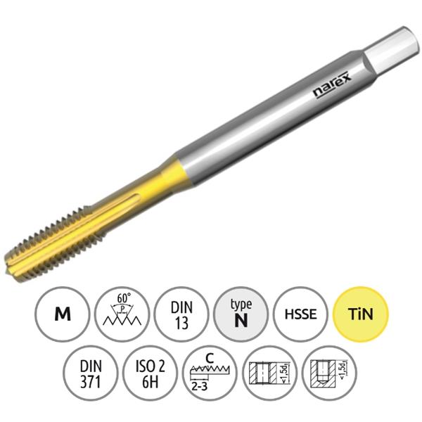 Narex Ždánice 041535020040000 - Závitník strojní M 4 x 0,7 mm Typ 3042 kód 1010 TiN, lícování ISO2 (6H) DIN 371